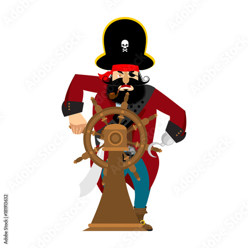 Captain of pirate in wheel isolated. Boss buccaneer isolated. Vector illustration