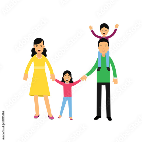 Young parents posing with their sona and daughter, son sitting on dad shoulders, husband and wife with children vector Illustration
