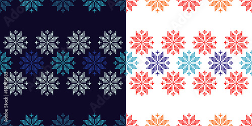 Set of 2 Seamless vector backgrounds cross stitch Norwegian snowflakes. Folk motifs. Winter pattern. Textile rapport.