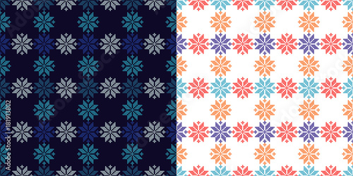 Set of 2 Seamless vector backgrounds cross stitch Norwegian snowflakes. Folk motifs. Winter pattern. Textile rapport.
