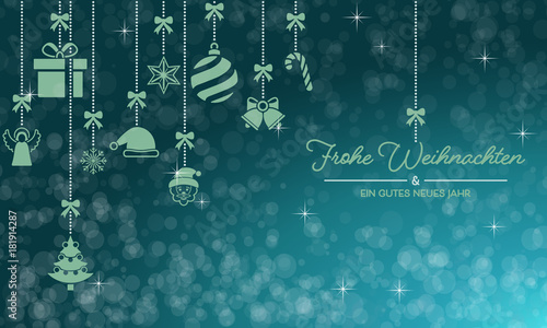 Weihnachtskarte mit hängenden Weihnachtsmotiven - in Türkis