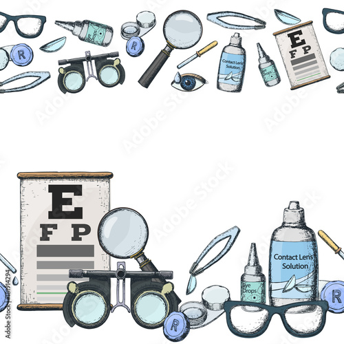 Seamless horizontal borders of medical optometry accessory for correct vision - contact lens,  solution, lens case eye test chart, glasses. Vector
