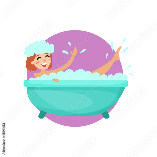 Girl taking a bubble bath in a vintage bathtub, woman caring for herself, healthy lifestyle vector Illustration