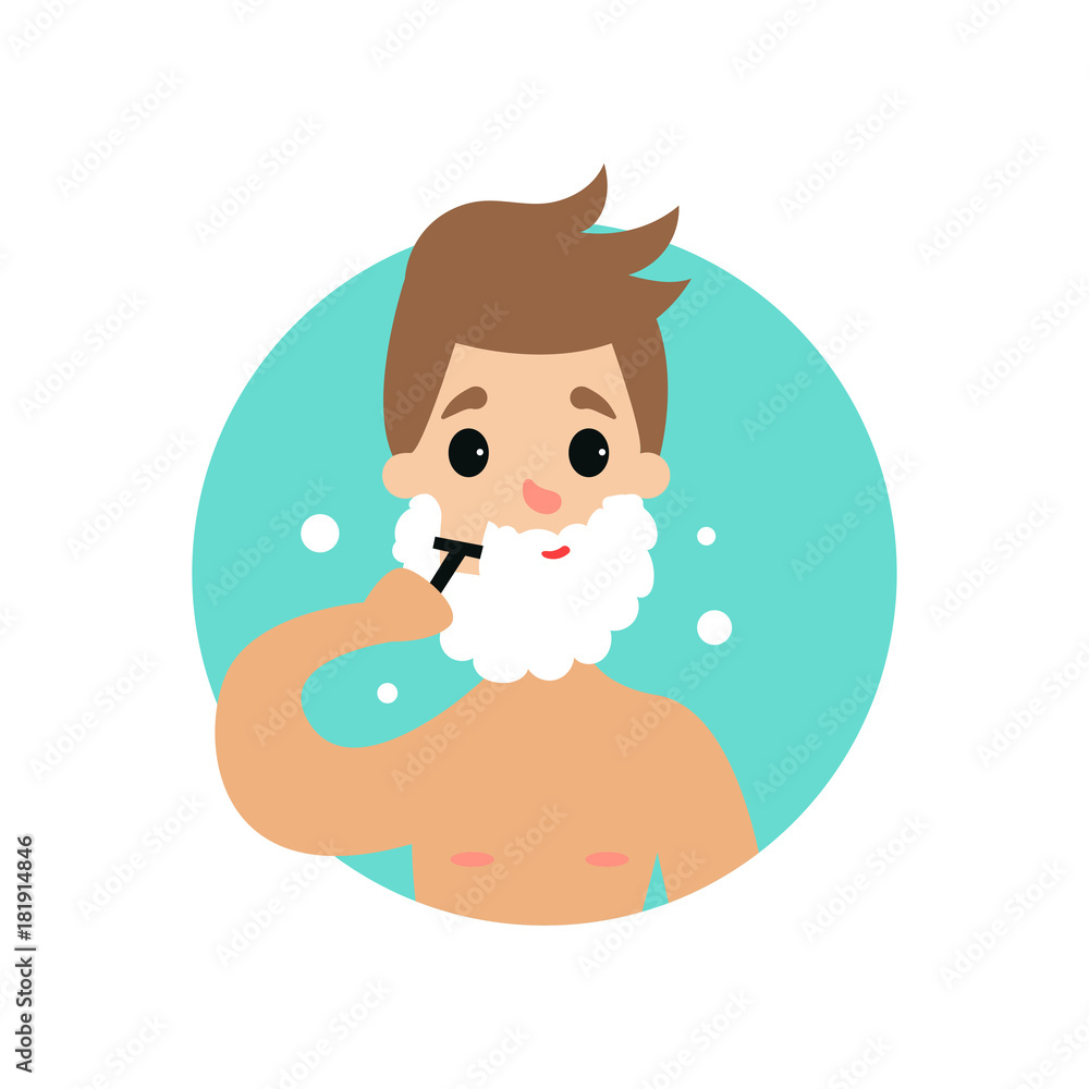Man shaving face with foam, man caring for himself vector Illustration