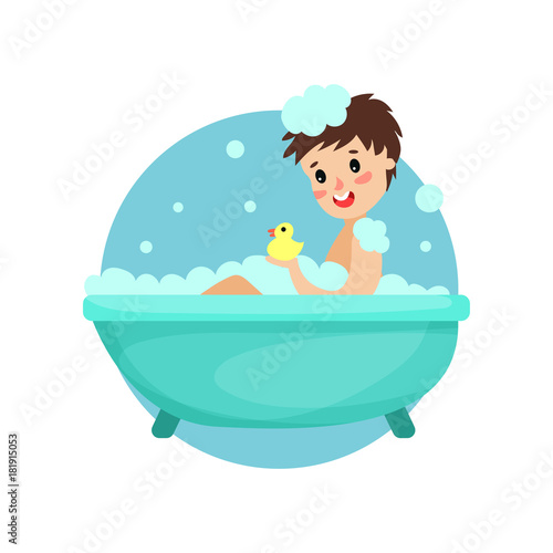 Girl taking bath in foam and soap, woman caring for herself, healthy lifestyle vector Illustration
