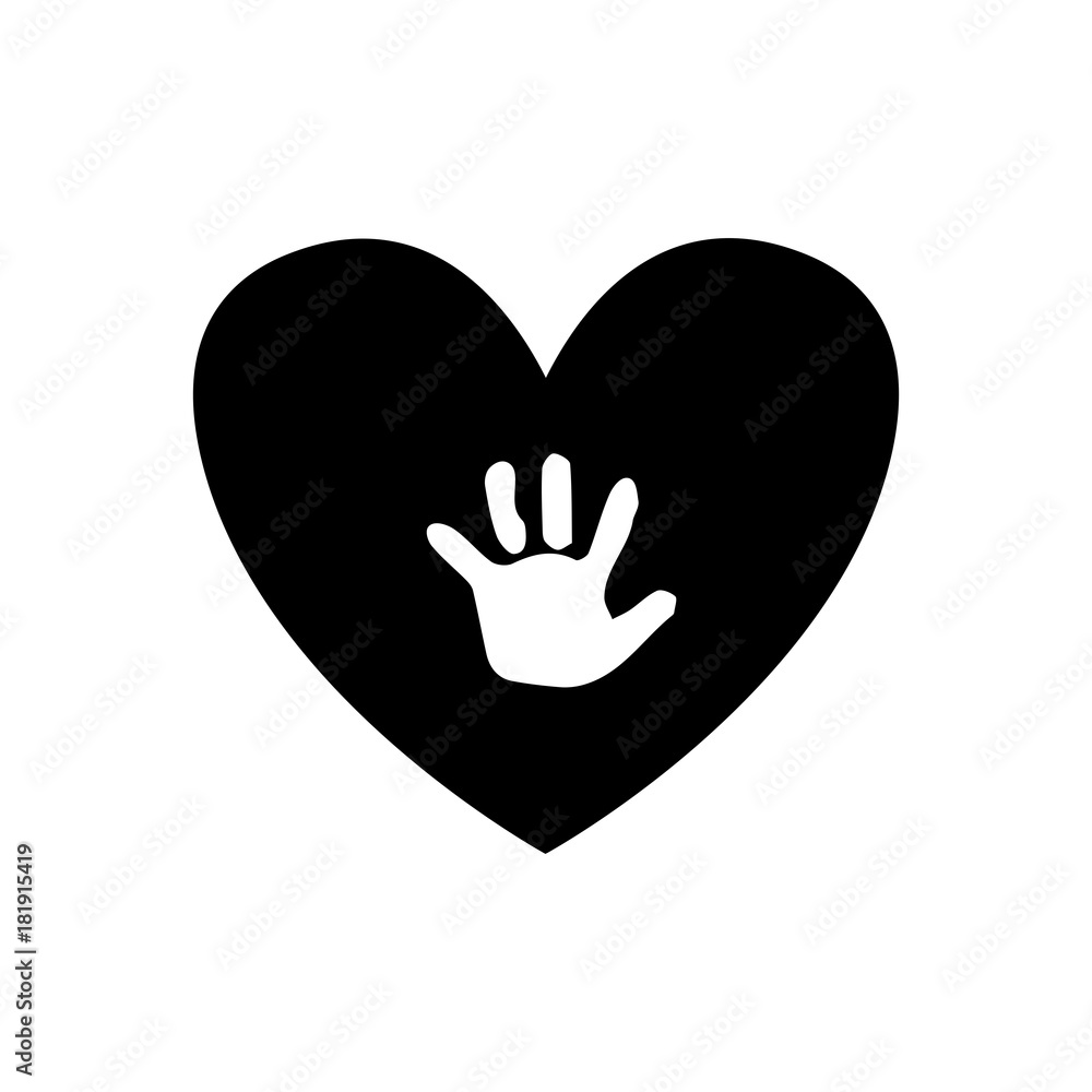 Baby handprint inside of black heart isolated on white background. Baby handprint inside of black heart isolated on white background.
