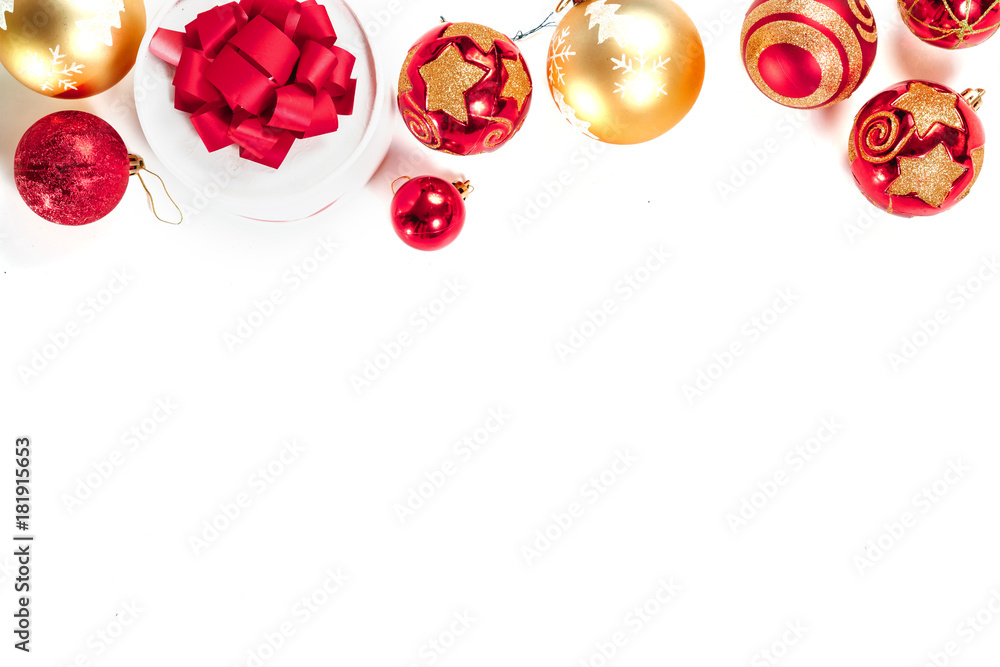 New Year's toys, frame of red and gold balls, isolated on white background. Isolate. New Year's toys, frame of red and gold balls, isolated on white background. Isolate.