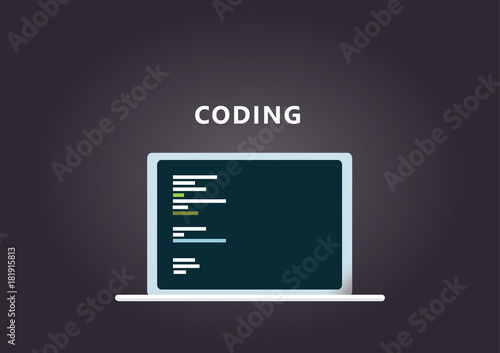 Laptop with code lines, on dark grey background