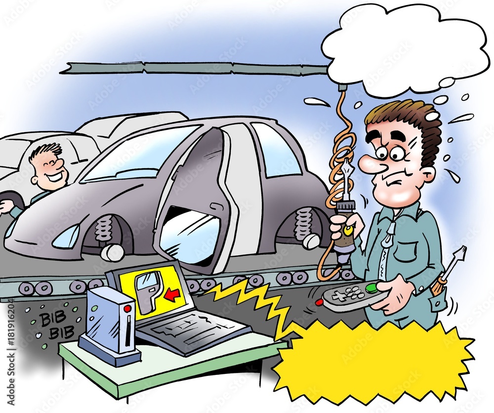 Cartoon illustration of a car installer who has mounted the car door in  anticipation Stock Illustration | Adobe Stock