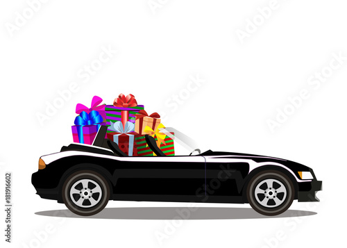 Luxury black modern cartoon cabriolet car full of gift boxes