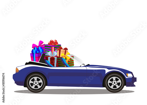 Dark blue modern cartoon cabriolet car full of gift boxes