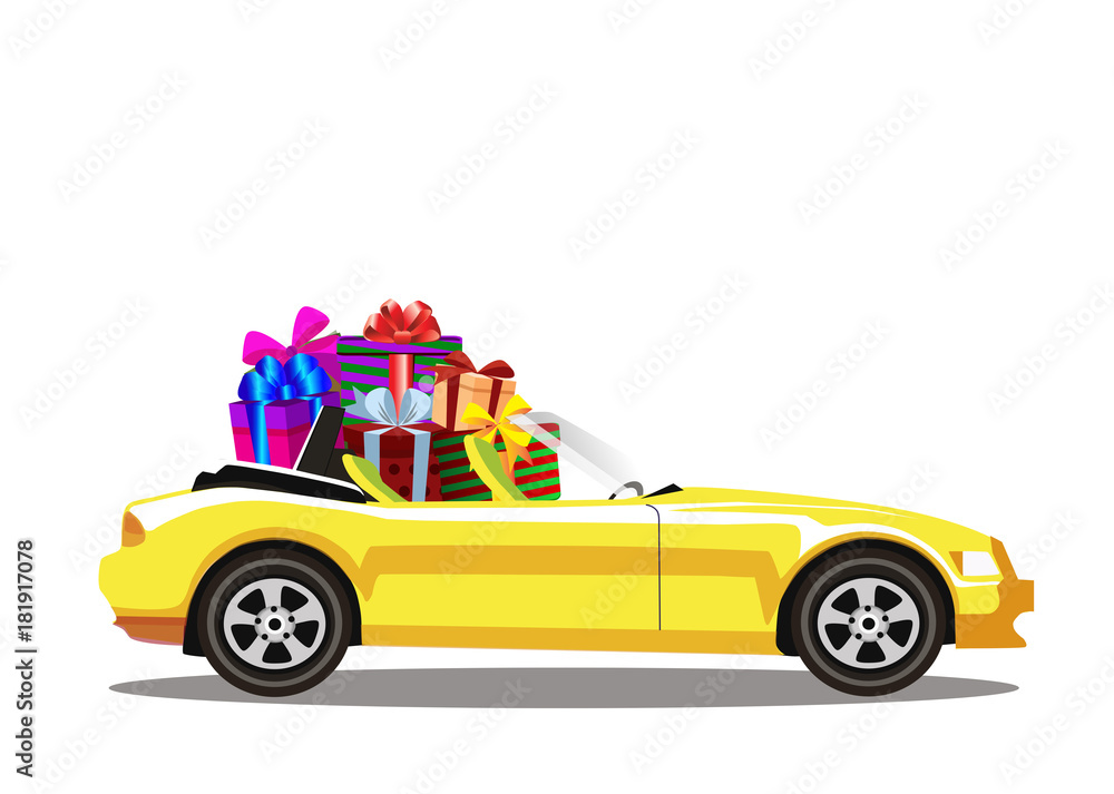 Fototapeta premium Yellow modern cartoon cabriolet car full of gift boxes isolated on white background.