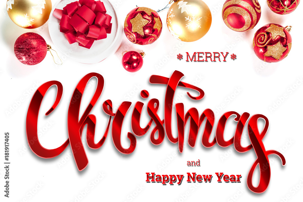 The inscription of Merry Christmas and Happy New Year, and toys on a white background. Christmas card, festive background. Mixed media. The inscription of Merry Christmas and Happy New Year, and toys on a white background. Christmas card, festive background. Mixed media.