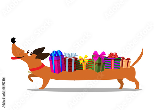 Cute cartoon long dachshund carrying gift boxes on the back