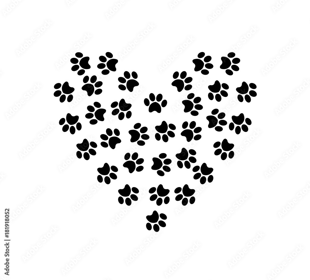 Heart symbol made of pet pawprints isolated on white background. Heart symbol made of pet pawprints isolated on white background.