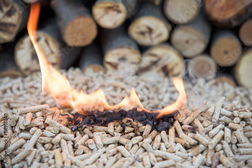 Wooden pellets in flames