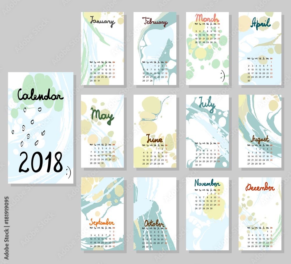 Naklejka premium Hand drawing vector Calendar 2018. Abstract painting templates.