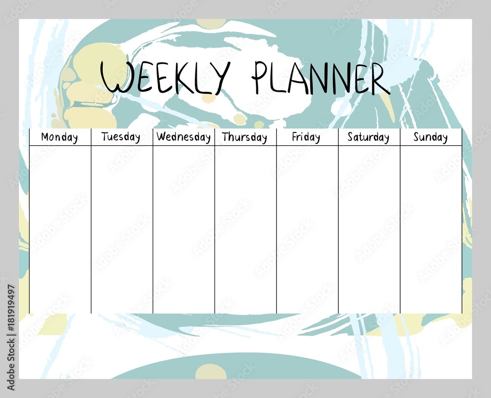 Hand drawing vector weekly planner. Abstract painting templates.