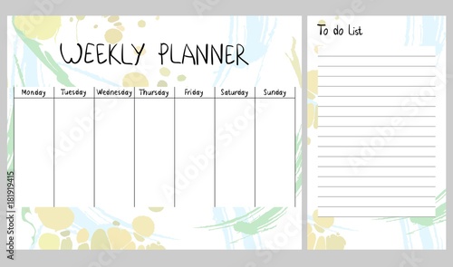 Hand drawing vector weekly planner. Abstract painting templates.