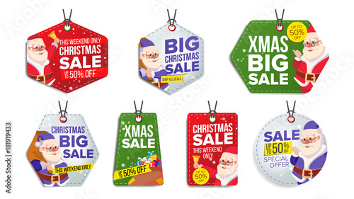 New Year Sale Tags Vector. Colorful Shopping Discounts Stickers. Santa Claus. Discount Concept. Season Christmas Sale Red, Green, Blue Banners. Promotion Illustration