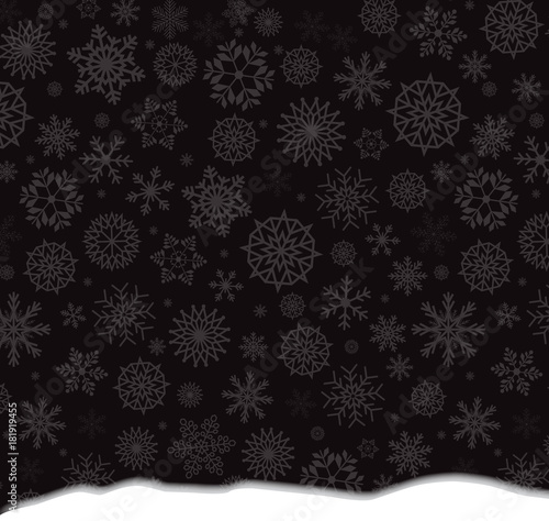 Winter template with falling silver snowflakes and snowdrift on black background.
