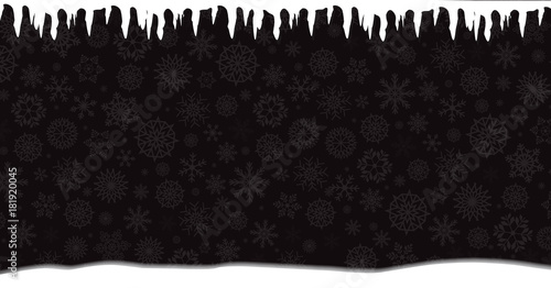 Winter banner with falling silver snowflakes, icicles and snowdrift