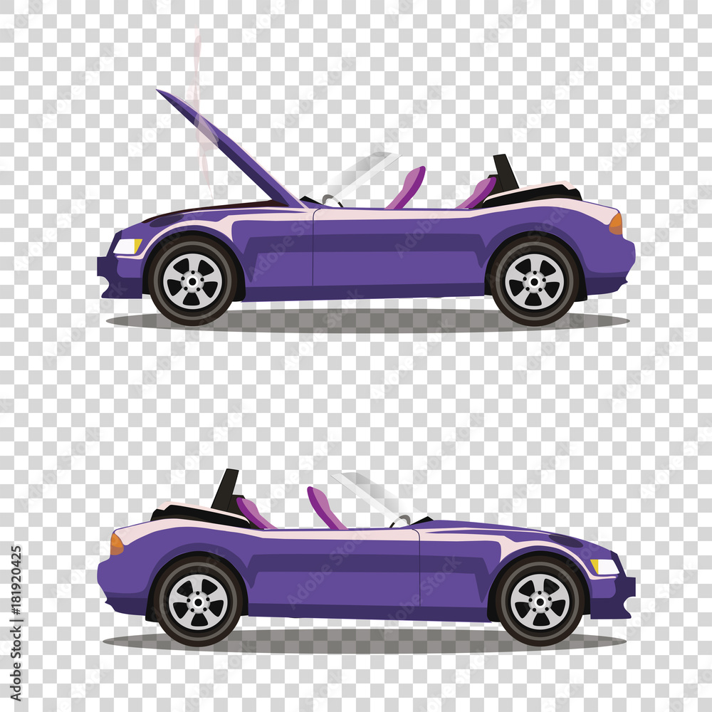 Broken violet cabriolet sport cartoon car with opened hood covered with  smoke.