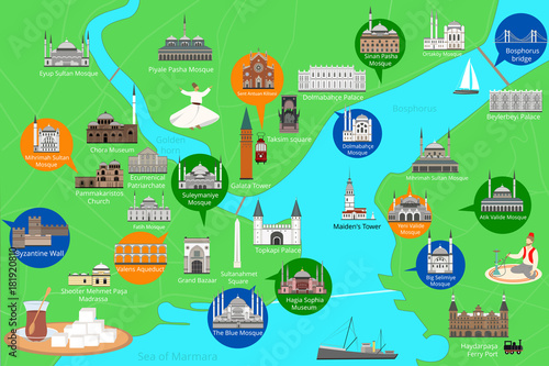 Map of the historical center of Istanbul with sights flat style vector illustration.
