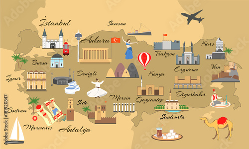Map of turkey with main sights for tourists. Turkish attraction.