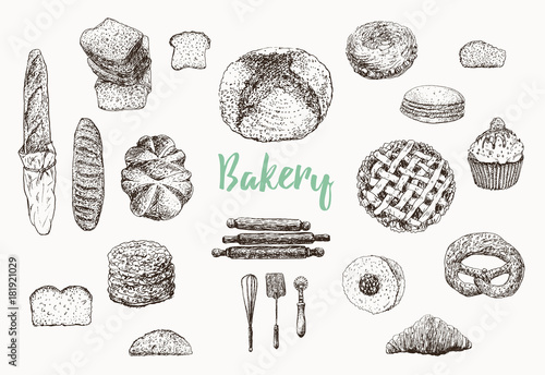 Bakery set. Bread vector hand drawn illustration. Vintage collection with bread, long loaf, toast, cookie, muffin,  pie, buns and croissant. Engraved style
