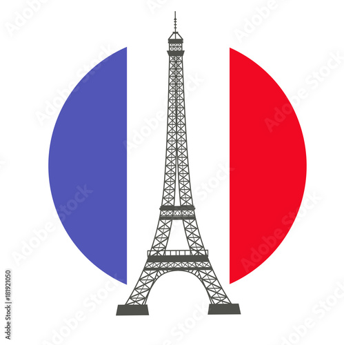 Eiffel tower against a circle of colors of the French flag flat style vector illustration. 
Symbols of France on white background.
