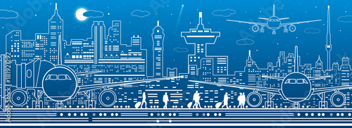 Airport illustration. Aviation transportation infrastructure. The plane is on the runway. Airplane fly, people get on the aircraft. Night city on background, vector design art