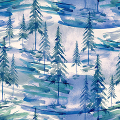 Fototapete Waldmuster Lila Nadelwald Silhouetten Aquarellmuster  © helgafo