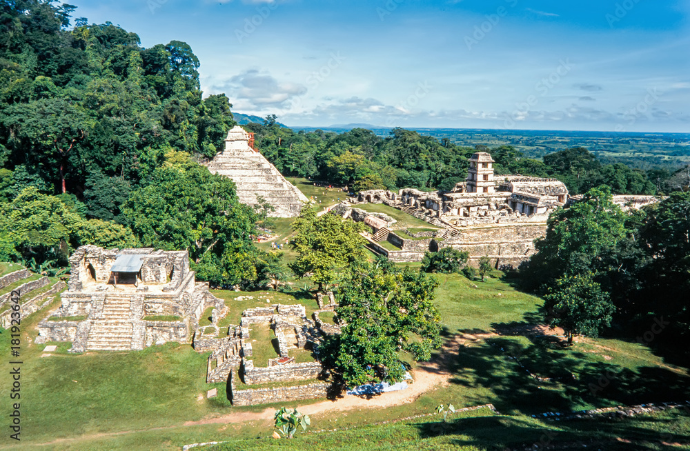 Mayan ruins in Palenque, Chiapas, Mexico. Aerial Panorama of Palenque archaeological site