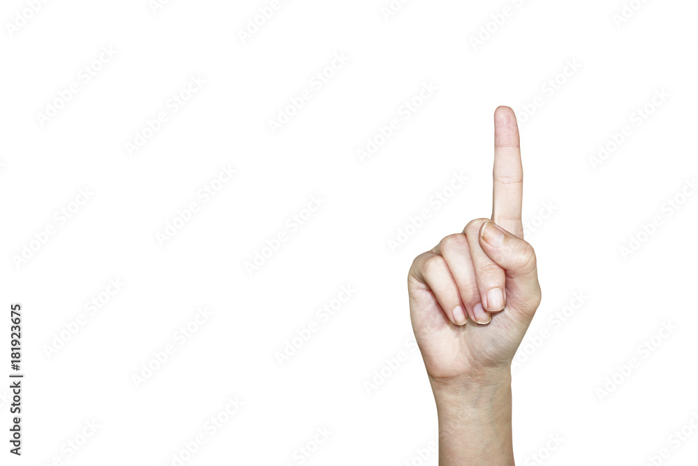 white female index finger, isolated on white background. Hand gestures are a person, pointing to a virtual object. white female index finger, isolated on white background. Hand gestures are a person, pointing to a virtual object.