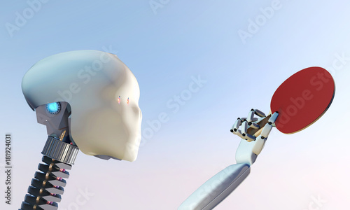 3D illustration of artificial intelligence robot holding and looking at ping pong paddle