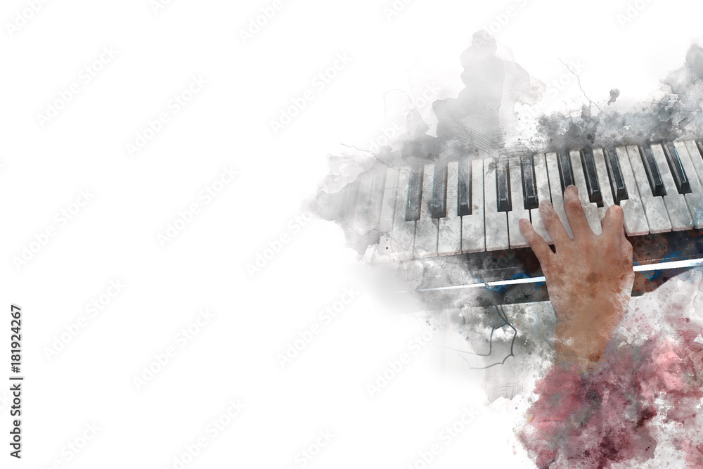 Fototapeta premium Abstract beautiful a women playing keyboard of the piano foreground Watercolor painting background and Digital illustration brush to art.