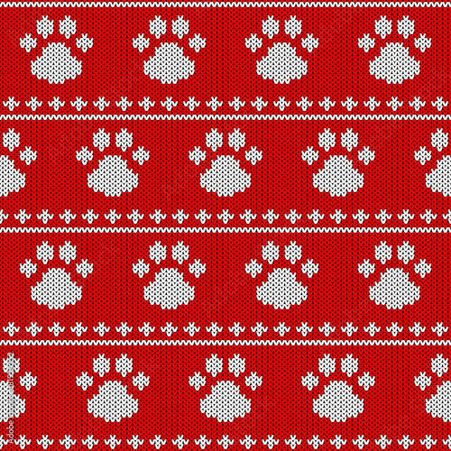 Abstract knitted dog paw seamless pattern background. Knit texture for design new year card, christmas invitation, holiday wrapping paper, winter vacation travel and ski resort advertising etc.