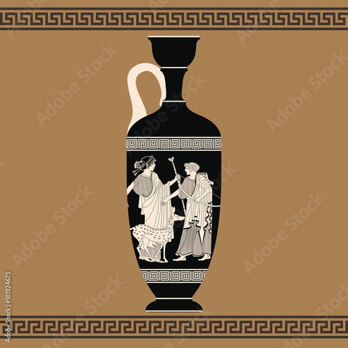 Vector vintage Greek vase with national ornaments and with the image of Apollo and Artemis..