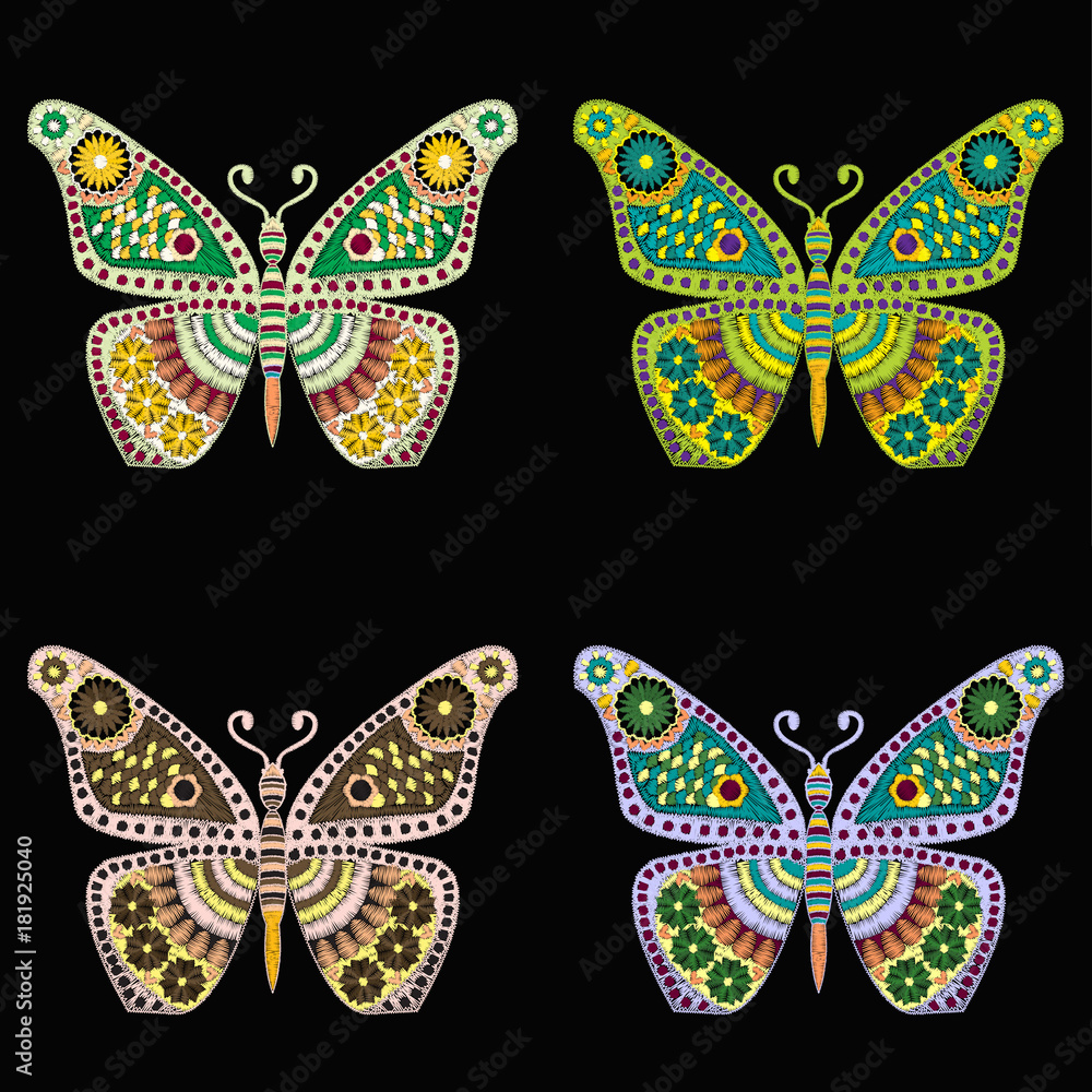 set of Embroidery pattern with butterfly on black background