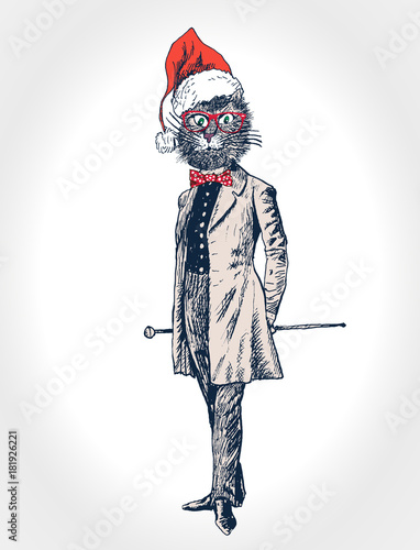 Cat gentleman in a frock coat and a top hat, holds a cane in hand. Christmas poster with cat portrait in red Santa's hat. Hand drawn vector illustration, vintage engraved style.