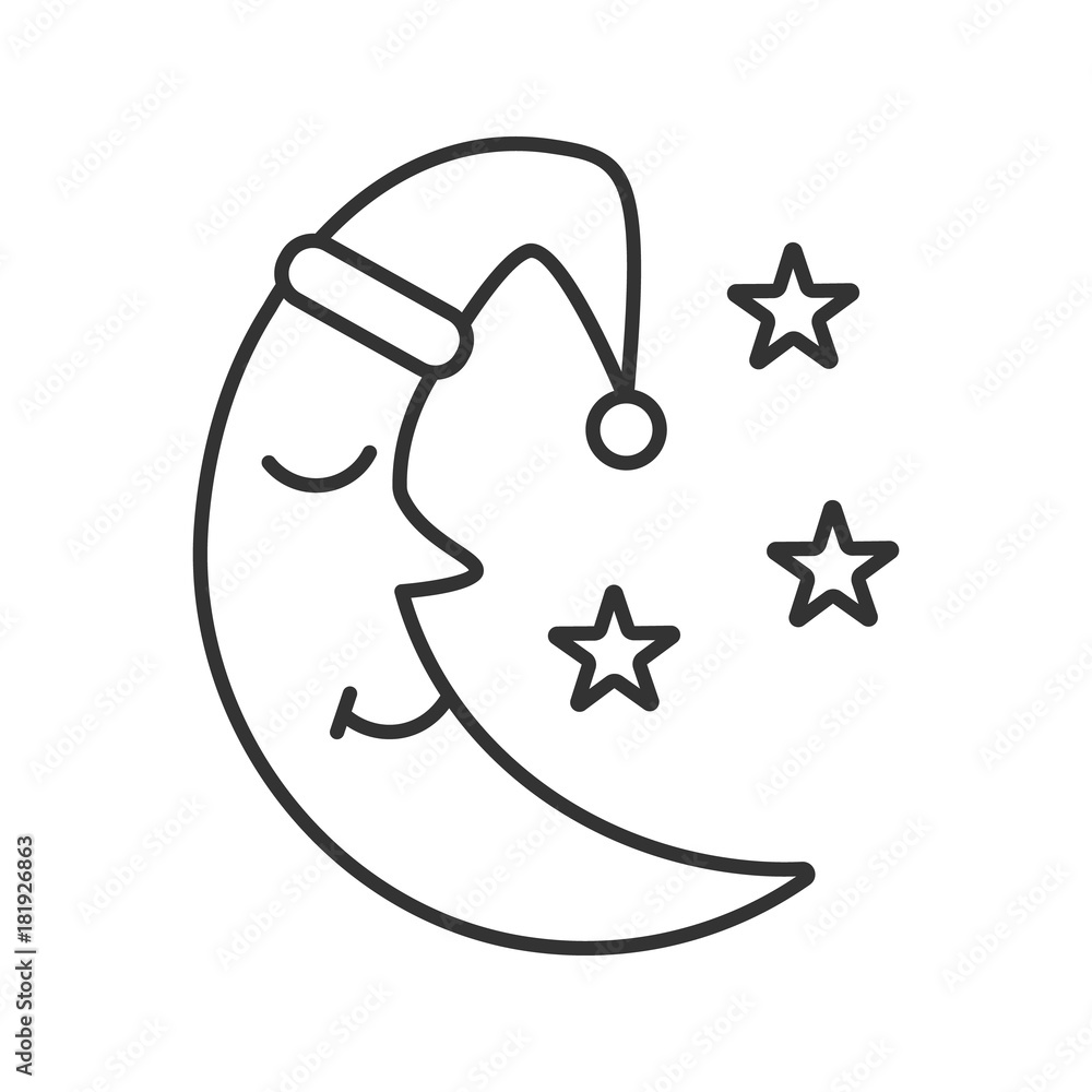 Moon with face in nightcap linear icon Moon with face in nightcap linear icon