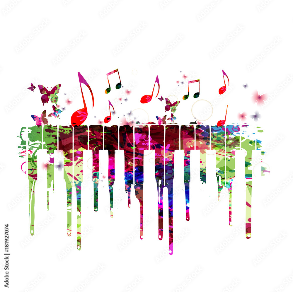 Music colorful design with piano keys. Music instrument vector  illustration. Piano keyboard instrument background with music notes Stock  Vector | Adobe Stock
