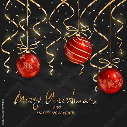 Red Christmas balls and golden decorations on black chalkboard background