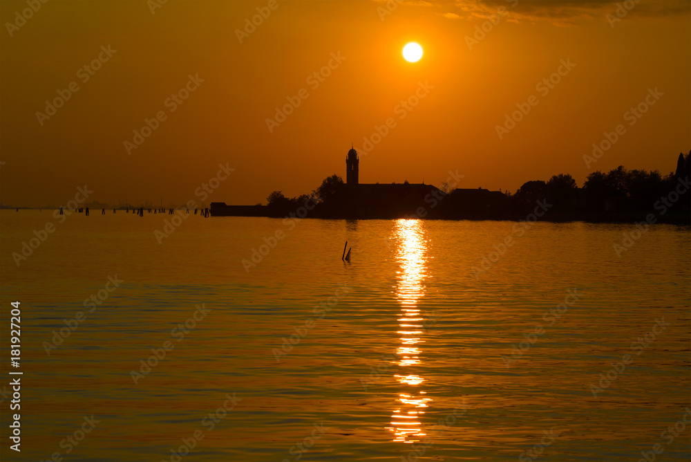 Sunset over the Mazzorbo island. Venice lagoon, Italy