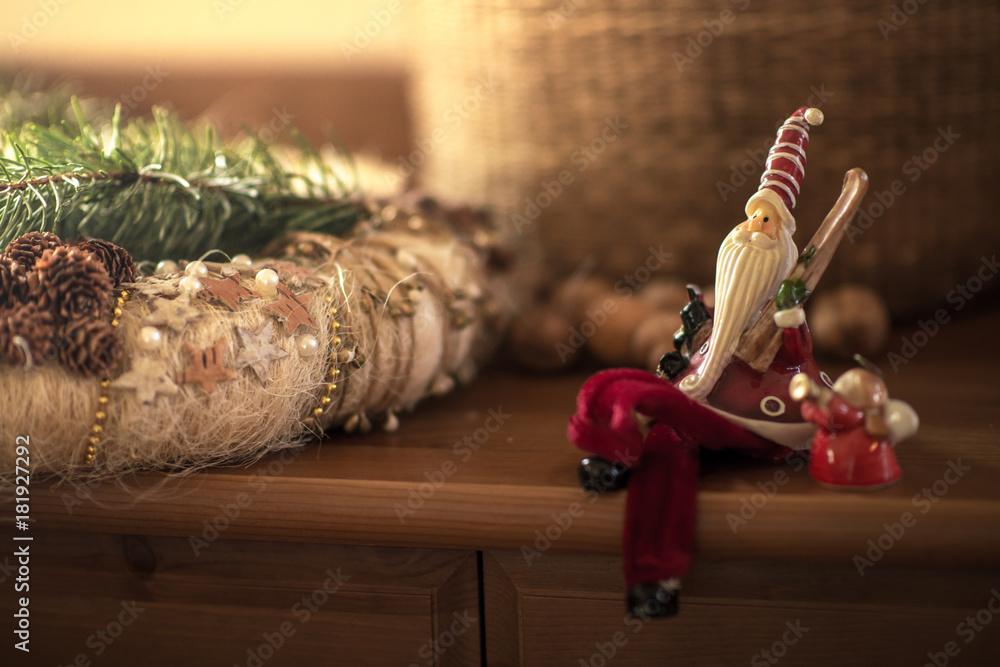 Christmas decoration on wooden background - obrazy, fototapety, plakaty 