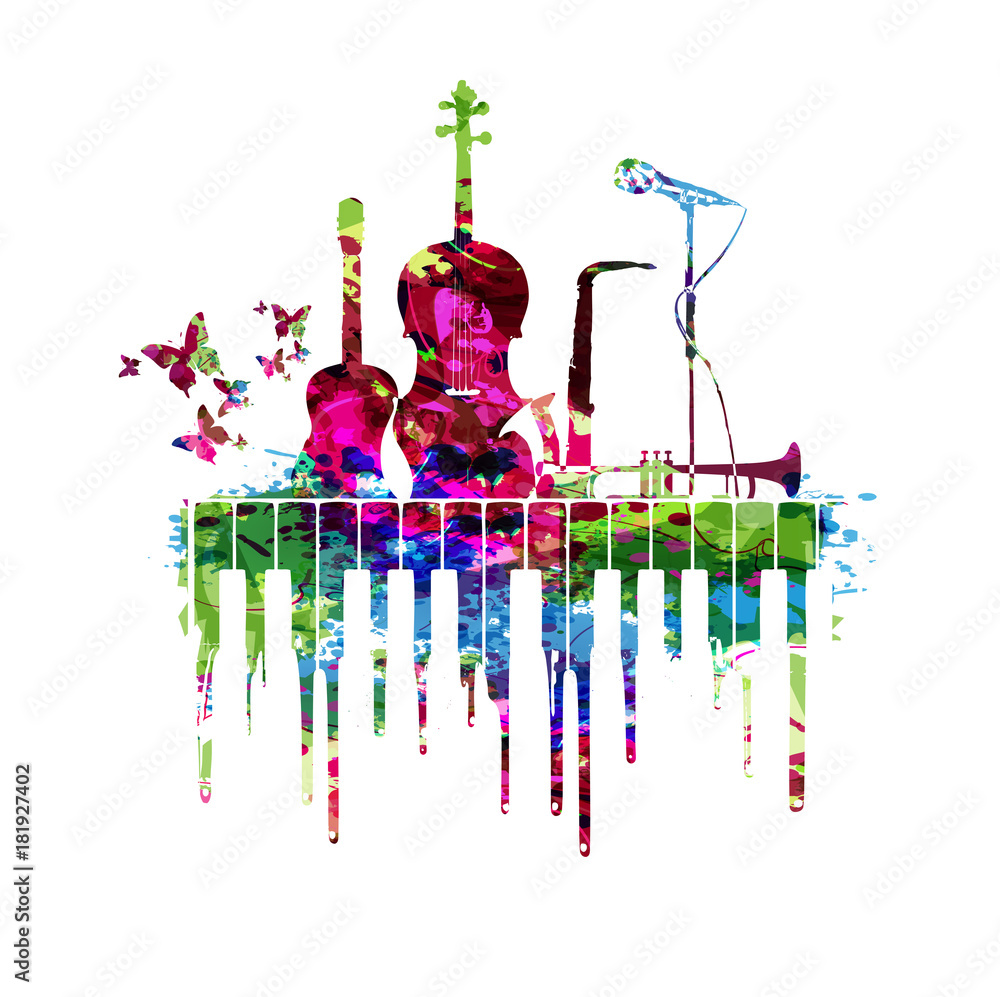 Music poster with music instruments vector illustration. Colorful music  background with piano keyboard, guitar, violoncello, saxophone, trumpet and  microphone. Music concert poster Stock Vector | Adobe Stock
