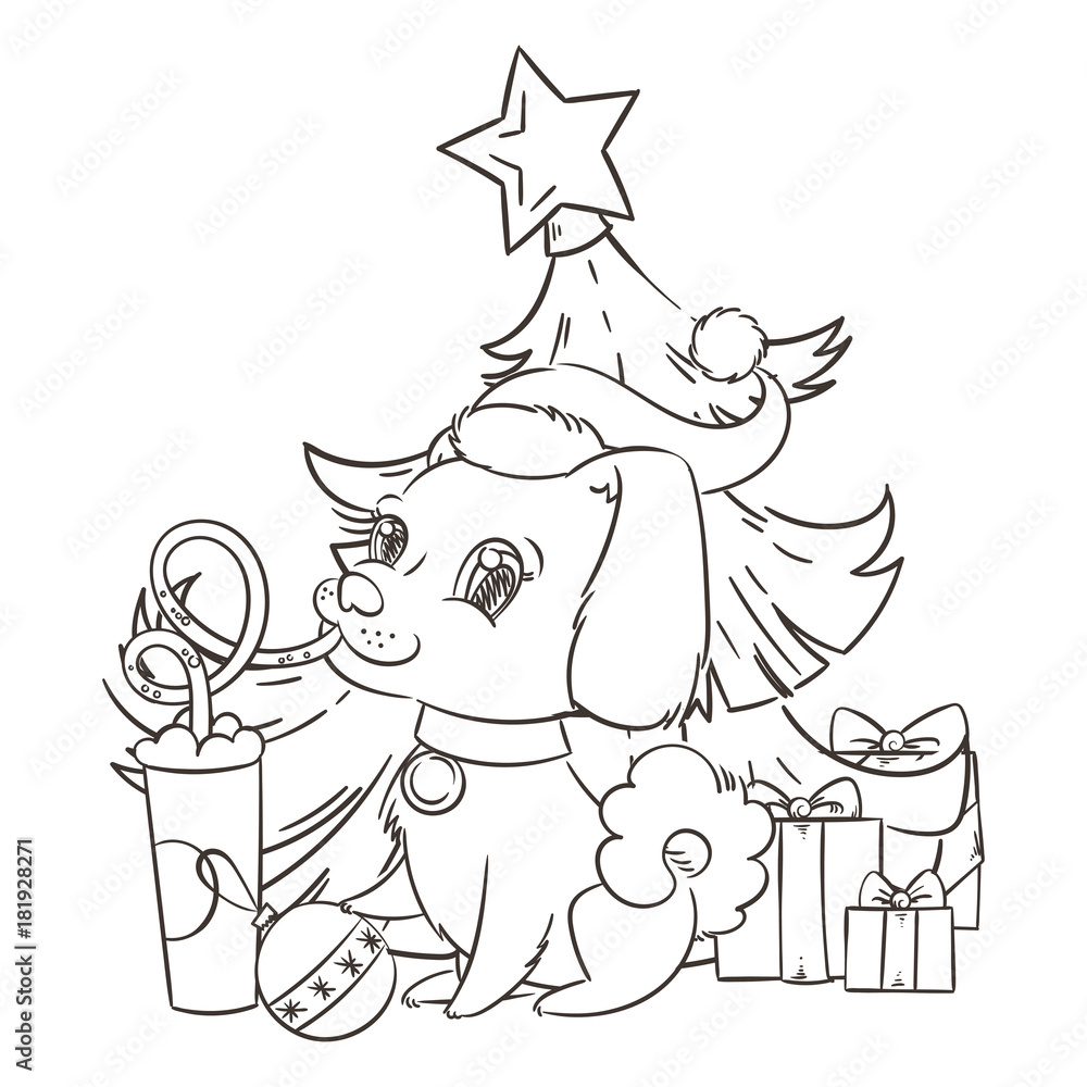 Golden dog drinks coffee or milk shake. Hand drawn illustration for New Year t-shirt, poster, postcard Golden dog drinks coffee or milk shake. Hand drawn illustration for New Year t-shirt, poster, postcard
