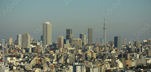 東京都内の都市景観を望む（サンシャイン６０や東京スカイツリーなどが見える）
