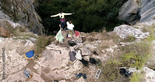 Bungee jump in a cave. Aerial view, 4k superwide photo